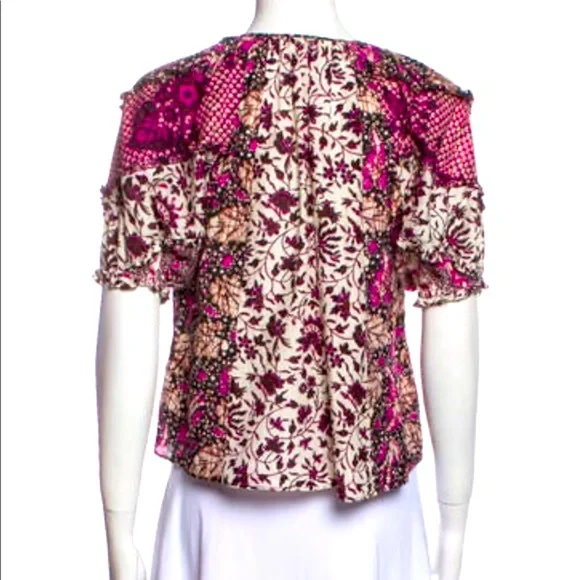 🎉HP🎉 ULLA JOHNSON Nuru white/pink batik tie neck crop top cotton/silk, S… - Picture 2 of 4